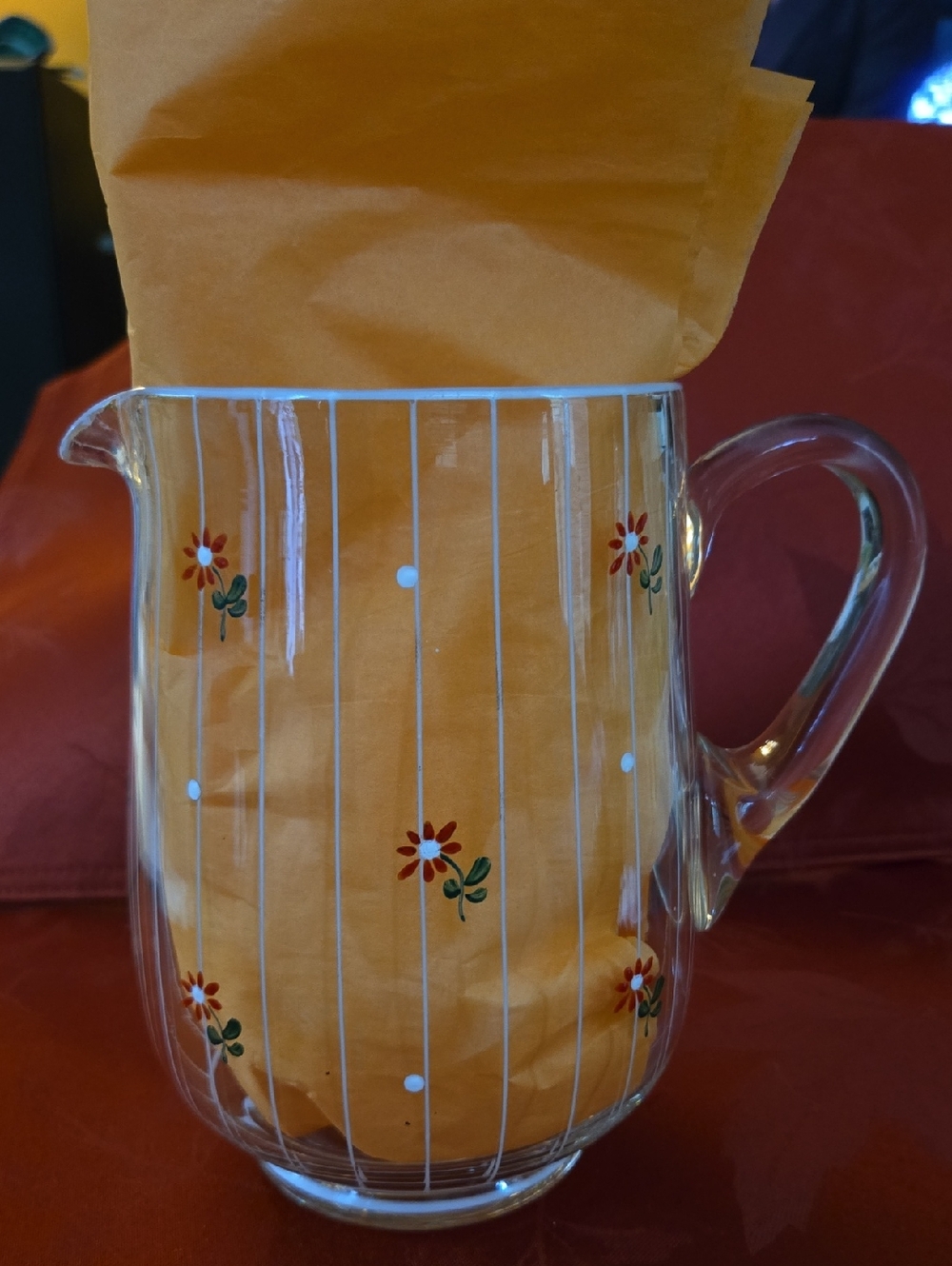 Floral Glass Pitcher with White Stripes